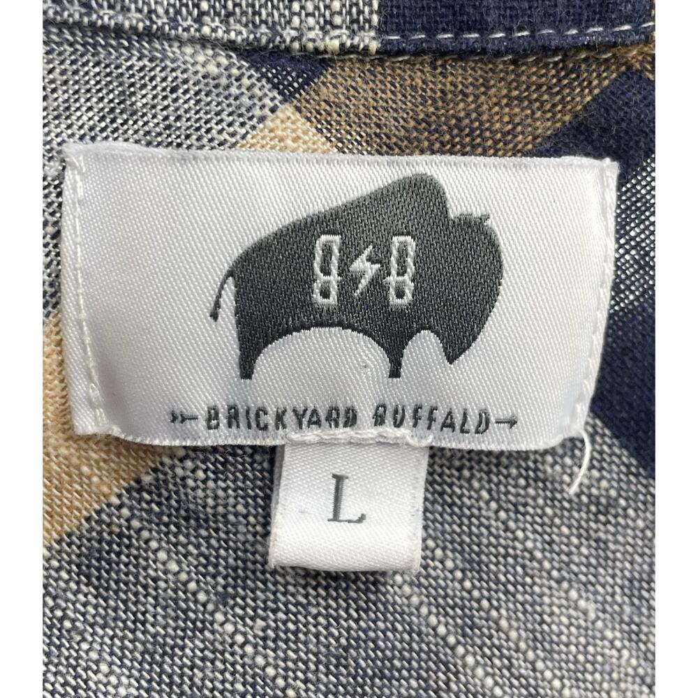 Brickyard Buffalo Plaid Top Sz Large Button Up Navy Blue Tan Ruffle Back Womens - Picture 4 of 4